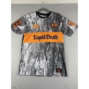 Liquid Death grey orange soccer jersey style ss tee, men's medium